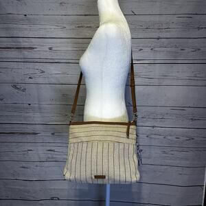 Fossil Fiona Striped Canvas Crossbody Bag with Leather Trim and Tassel Accent
